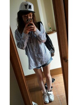 「ショーパン×スニーカー」｜「アイテム（帽子）」を使った、momocoさん（レディース・158cm）の春コーディネート