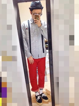 「アイテム（デニムパンツ、レッド系）」を使った、アナーキー田中さん（メンズ・171cm）の冬コーディネート