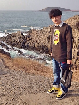 「ROLLING CRADLE（ローリングクレイドル）のアイテム（ニット/セーター）」を使った、アナーキー田中さん（メンズ・171cm）の冬コーディネート