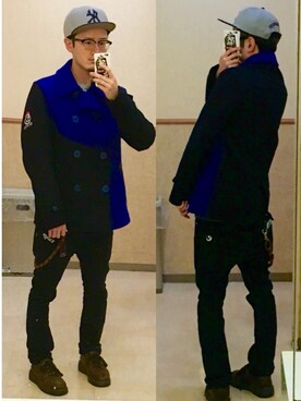 「PUNK DRUNKERS（パンクドランカーズ）のアイテム（ピーコート）」を使った、アナーキー田中さん（メンズ・171cm）の冬コーディネート