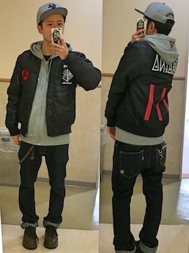 「ROLLING CRADLE（ローリングクレイドル）のアイテム（パーカー）」を使った、アナーキー田中さん（メンズ・171cm）の冬コーディネート