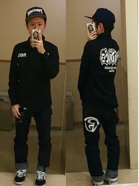 「ROLLING CRADLE（ローリングクレイドル）のアイテム（デニムパンツ）」を使った、アナーキー田中さん（メンズ・171cm）の冬コーディネート
