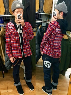 「ROLLING CRADLE（ローリングクレイドル）のアイテム（ニットキャップ/ビーニー）」を使った、アナーキー田中さん（メンズ・171cm）の冬コーディネート