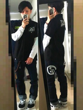 「ROLLING CRADLE（ローリングクレイドル）のアイテム（デニムパンツ）」を使った、アナーキー田中さん（メンズ・171cm）の春コーディネート