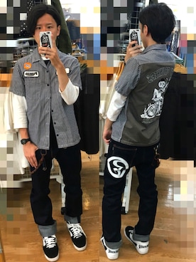 「ROLLING CRADLE（ローリングクレイドル）のアイテム（デニムパンツ）」を使った、アナーキー田中さん（メンズ・171cm）の春コーディネート