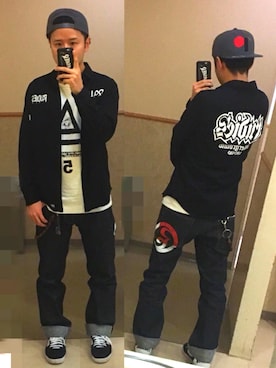 「ROLLING CRADLE（ローリングクレイドル）のアイテム（デニムパンツ）」を使った、アナーキー田中さん（メンズ・171cm）の冬コーディネート