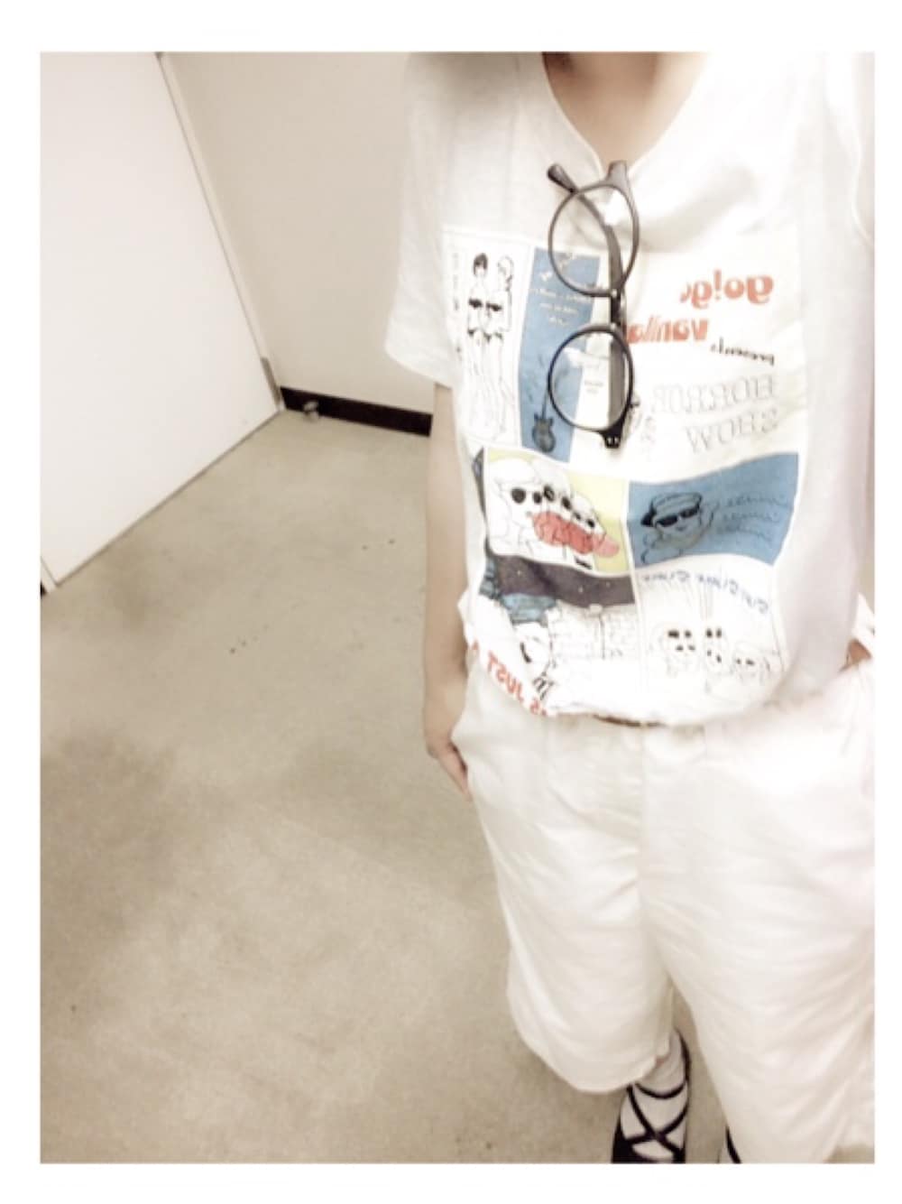 「暑い、ガウチョパンツ、niko and ...、ダテメガネ」｜「go!go!vanillasのアイテム（Tシャツ/カットソー、ベージュ系）」を使った、まあ(や)さん（レディース・145cm）の夏コーディネートの1枚目の写真