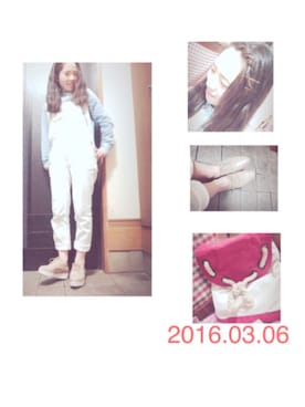「ダンガリーシャツ」｜「アイテム（サロペット/オーバーオール）」を使った、ゆうきさん（レディース・149cm）の春コーディネート