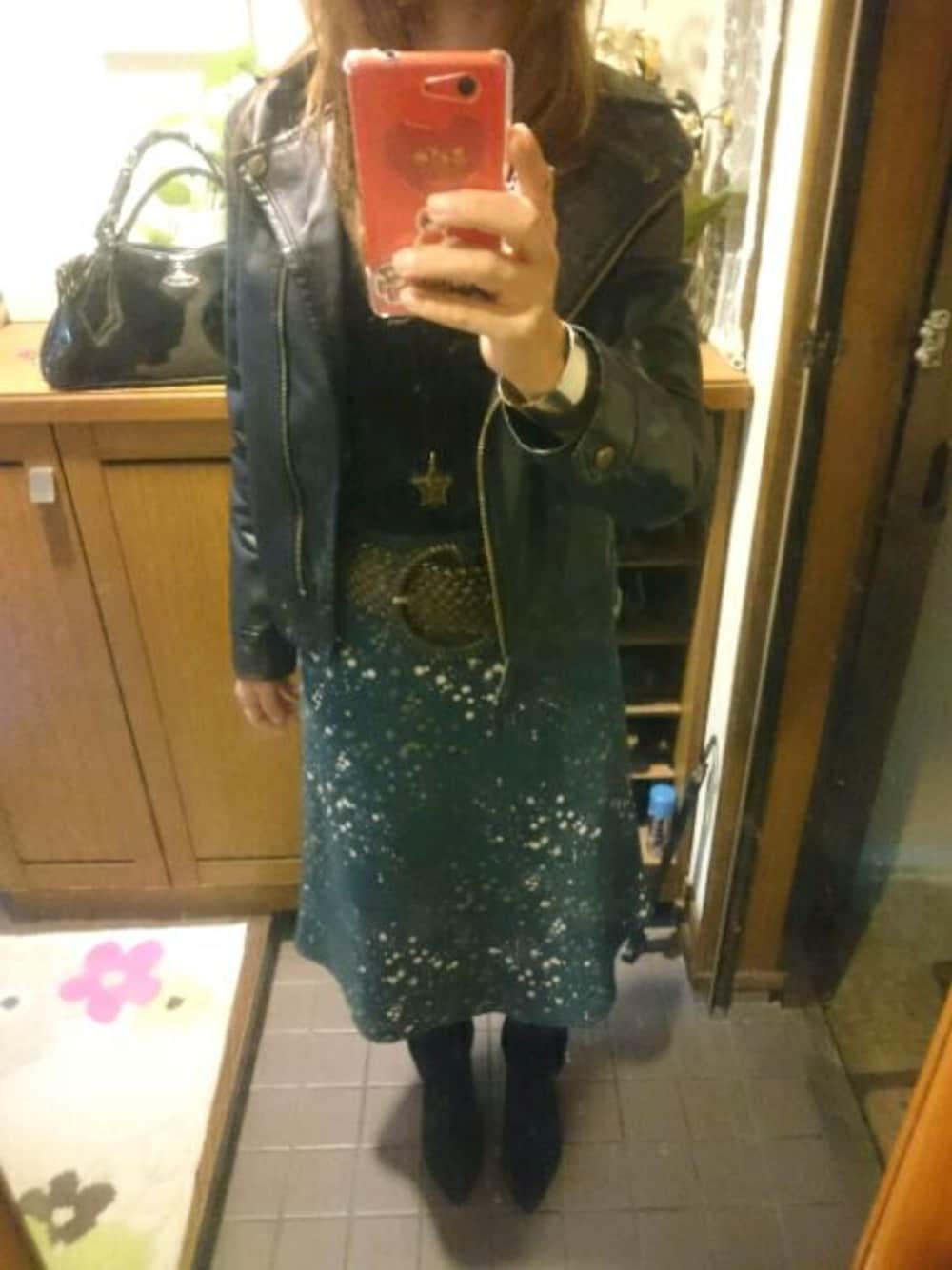 「autumn、ライダース、秋のコーデ、Vivienne Westwood、UNDER COVER、FRuit Cake、murua、ロック、ブラック」｜「UNDERCOVERのアイテム（スカート、グリーン系）」を使った、moco_music_mocoさん（レディース・162cm）の秋コーディネートの1枚目の写真