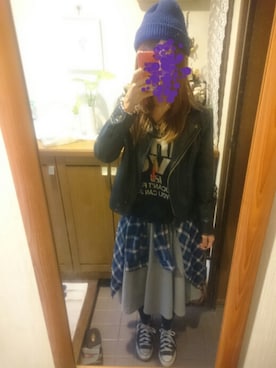 「スウェットスカート」｜「アイテム（ライダースジャケット）」を使った、moco_music_mocoさん（レディース・162cm）の冬コーディネート