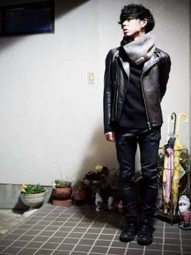 「MIHARAYASUHIRO（ミハラヤスヒロ）のアイテム（ライダースジャケット）」を使った、草野 龍之真さん（メンズ・167cm）の冬コーディネート