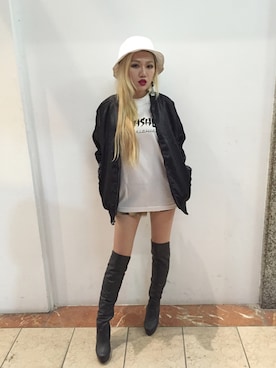 「HUF」｜「アイテム（ノーカラージャケット）」を使った、Fabbyさん（レディース・160cm）の冬コーディネート