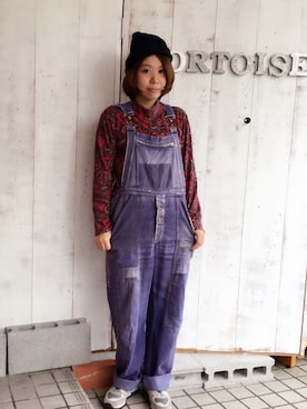 「アイテム（サロペット/オーバーオール、パープル系）」を使った、あすまるさん（レディース・157cm）の春コーディネート