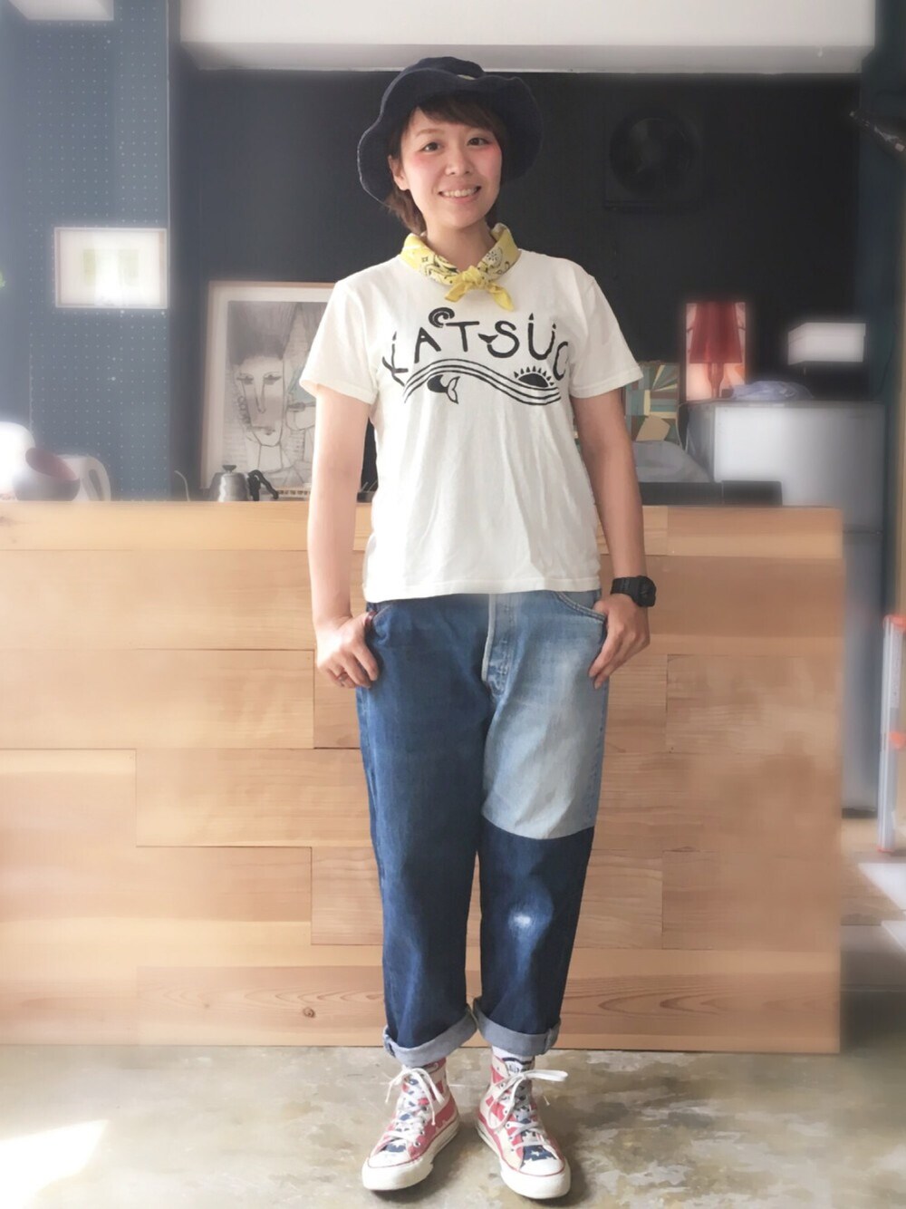 「MADE by sunny side upのアイテム（デニムパンツ、ブルー系）」を使った、あすまるさん（レディース・157cm）の夏コーディネートの1枚目の写真