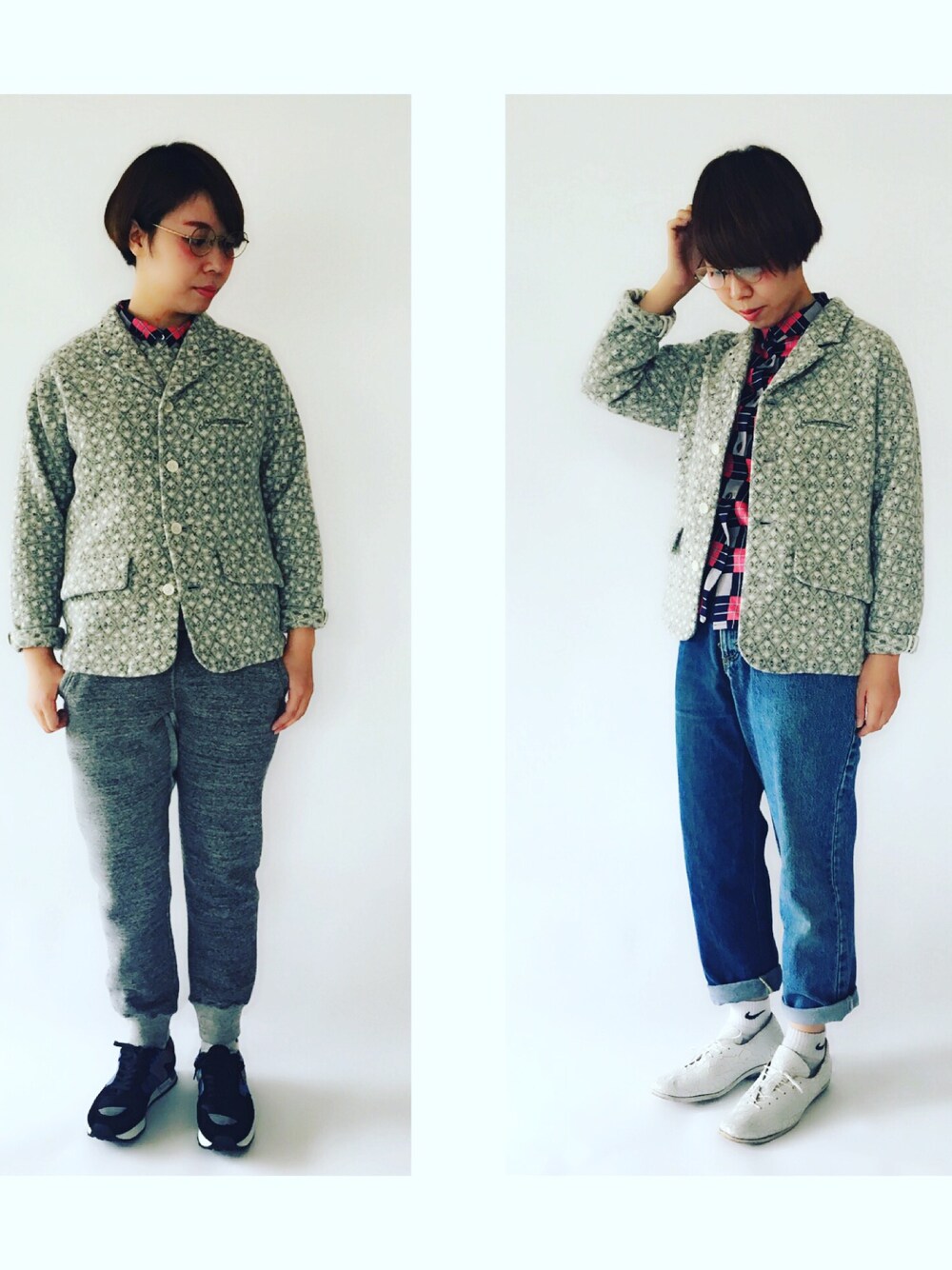 グレー系のジャケット/アウター、ブルー系のその他パンツ、グレー系のその他パンツを着用したレディースの秋コーディネートの1枚目の写真