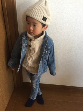 「息子」｜「アイテム（デニムジャケット）」を使った、joeさん（キッズ・90cm）の冬コーディネート