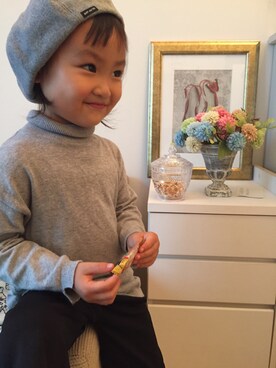 「quoti use fith（クゥオティ　ユース　フィス）のベレー帽（ハンチング/ベレー帽、グレー系）」を使った、mikixhanaさん（キッズ・100cm）の秋コーディネート