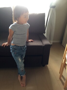 「ZARA（ザラ）のアイテム（Tシャツ/カットソー、ブルー系）」を使った、mikixhanaさん（キッズ・100cm）の秋コーディネート