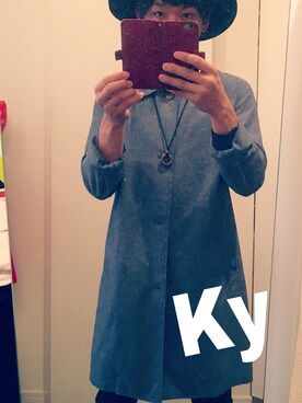 「CIAOPANIC（チャオパニック）のアイテム（ステンカラーコート、ブルー系）」を使った、石川五右衛門さん（メンズ・167cm）の秋コーディネート