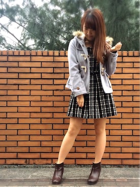 「チェックワンピース」｜「アイテム（ダッフルコート）」を使った、じゃすみんさん（レディース・154cm）の冬コーディネート