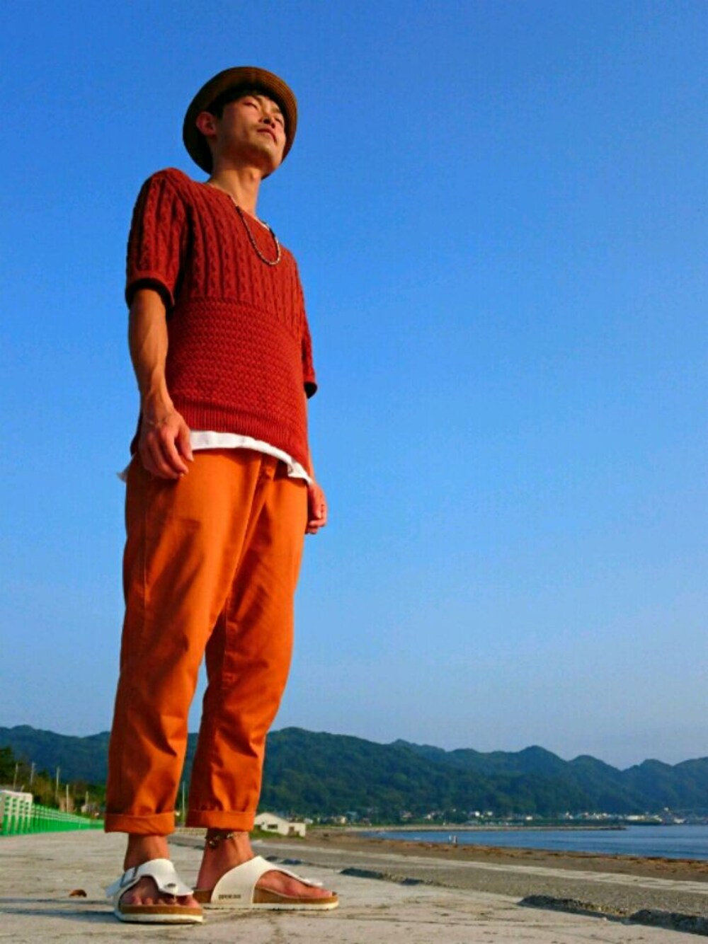 ブラウン系のニット/セーター、ホワイト系のTシャツ/カットソー、ブラウン系のチノパンツを着用したメンズの夏コーディネートの1枚目の写真
