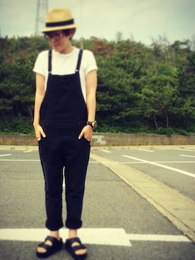 「ポケットＴシャツ」｜「アイテム（サロペット/オーバーオール）」を使った、さまらぁ〜さん（レディース・159cm）の夏コーディネート