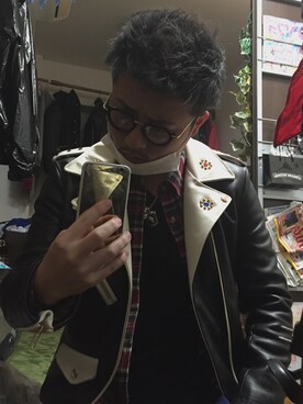「DOWBL（ダブル）のアイテム（ライダースジャケット）」を使った、るったん。さん（メンズ・170cm）の冬コーディネート