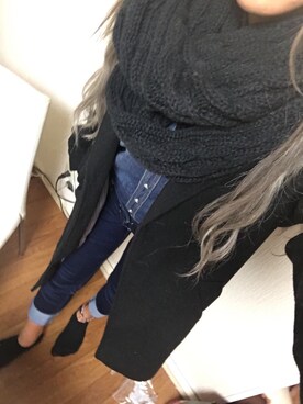 「デニムonデニム」｜「アイテム（チェスターコート）」を使った、kinariさん（レディース・154cm）の冬コーディネート