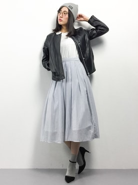「NANO universe（ナノユニバース）のアイテム（ライダースジャケット）」を使った、矢野結衣さん（レディース・166cm）の冬コーディネート