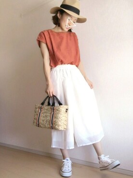 「niko and...（ニコアンド）のオリジナル ミニラインテープカゴバッグ【niko and...】（かごバッグ）」を使った、aaachan♡*さん（レディース・150cm）の夏コーディネート