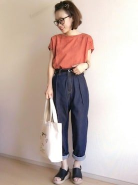 「earth music&ecology（アースミュージックアンドエコロジー）の厚底ラミー巻きサンダル（サンダル）」を使った、aaachan♡*さん（レディース・150cm）の夏コーディネート