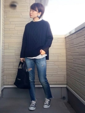 「Ungrid（アングリッド）のフレイドヘムストスリ（デニムパンツ）」を使った、aaachan♡*さん（レディース・150cm）の秋コーディネート