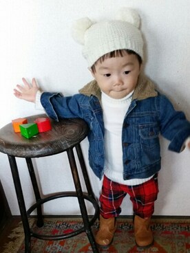 「タータンチェック」｜「アイテム（ニットキャップ/ビーニー）」を使った、yu_____peさん（キッズ・80cm）の秋コーディネート