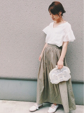 「mame（マメ）のアイテム（バッグ）」を使った、三橋栄香さん（レディース・155cm）の春コーディネート