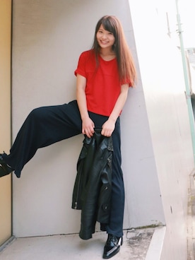 「STUDIOUS（ステュディオス）のアイテム（ライダースジャケット）」を使った、三橋栄香さん（レディース・155cm）の夏コーディネート