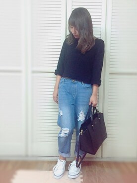 「Chico（チコ）のイージーダメージカットデニムパンツ（デニムパンツ）」を使った、いとうさん。さん（レディース・154cm）の秋コーディネート