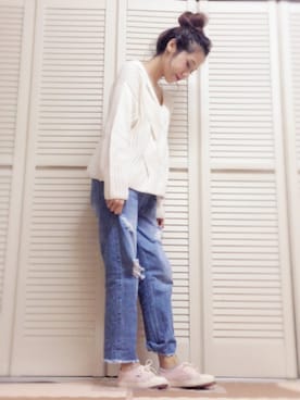 「Chico（チコ）のイージーダメージカットデニムパンツ（デニムパンツ）」を使った、いとうさん。さん（レディース・154cm）の秋コーディネート