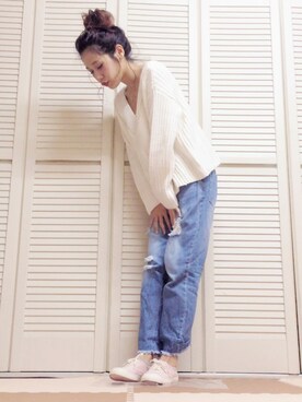 「Chico（チコ）のイージーダメージカットデニムパンツ（デニムパンツ）」を使った、いとうさん。さん（レディース・154cm）の秋コーディネート