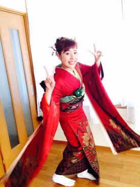 「アイテム（水着/着物・浴衣、レッド系）」を使った、airi#さん（レディース・165cm）の冬コーディネート