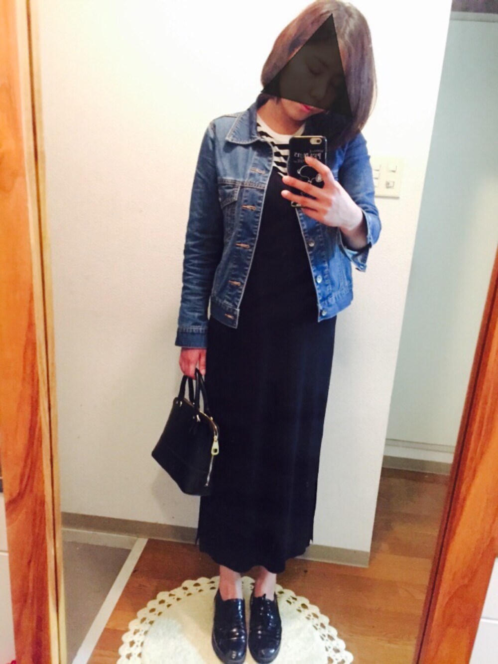 「ワンピース、ボーダー、デニムジャケット、スリット、モノトーン」｜「JEANASISのBASIC Gジャン/559124（デニムジャケット、ブルー系）」を使った、airi#さん（レディース・165cm）の春コーディネートの1枚目の写真