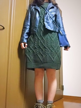 「ゆるニット」｜「アイテム（ライダースジャケット）」を使った、mknさん（レディース・164cm）の秋コーディネート