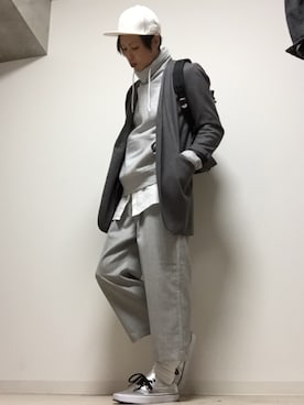 「ロングシャツ」｜「アイテム（ノーカラージャケット）」を使った、あおきさん（メンズ・180cm）の冬コーディネート
