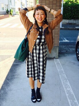 「チェックワンピース」｜「アイテム（デニムジャケット）」を使った、canacさん（レディース・152cm）の秋コーディネート
