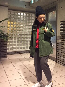 「ボーダーソックス」｜「アイテム（スウェット）」を使った、canacさん（レディース・152cm）の冬コーディネート