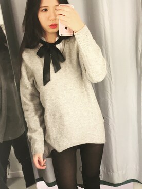 「H&M（エイチ・アンド・エム）のアイテム（ニット/セーター、ホワイト系）」を使った、muuuuuumaさん（レディース）の冬コーディネート