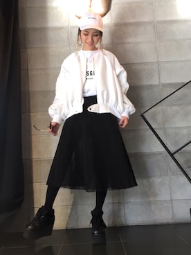 「シースルー」｜「アイテム（ミリタリージャケット）」を使った、hanae maruiさん（レディース・155cm）の冬コーディネート