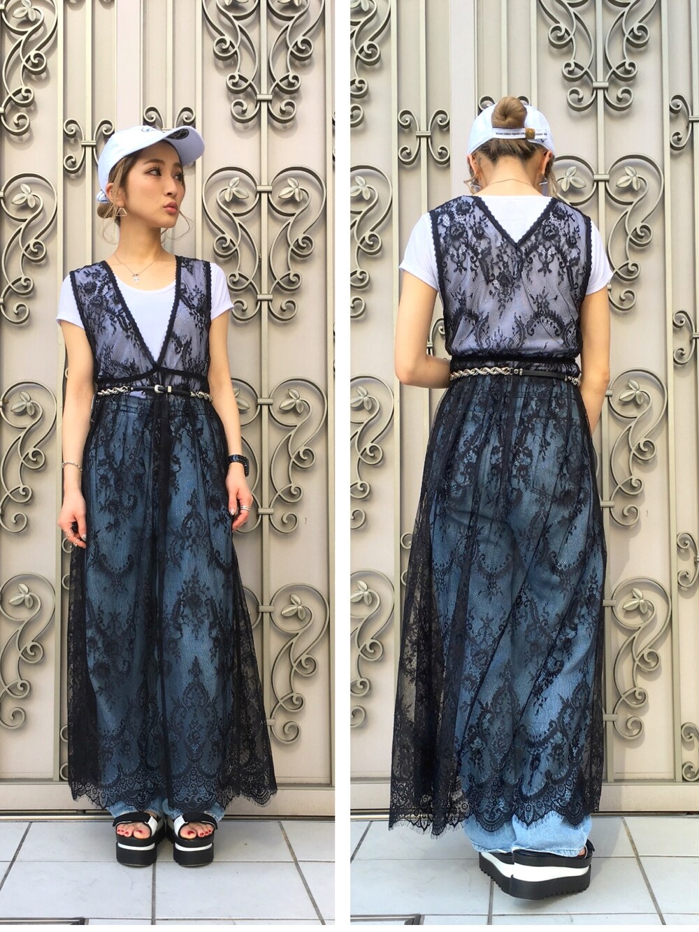 「黒、LHP、レース、レイヤードスタイル、サンダル、春コーデ、レースワンピース、白Tシャツ、ワイドデニム」｜「KaneZのLHP/エルエイチピー/KaneZ/ケインズ/ANGER POLO CAP （キャップ、ホワイト系）」を使った、hanae maruiさん（レディース・155cm）の春コーディネートの1枚目の写真