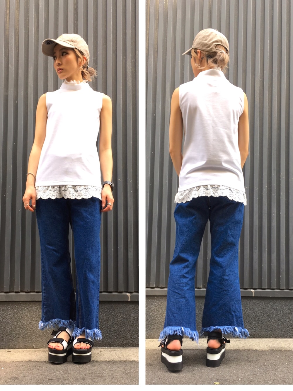 ホワイト系のTシャツ/カットソー、ベージュ系のキャップを着用したレディースの春コーディネートの1枚目の写真