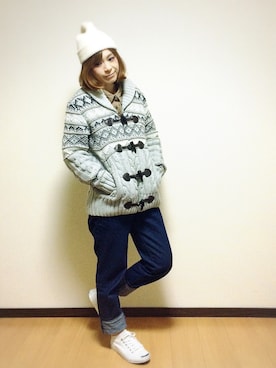 「カウチンセーター」｜「アイテム（オールインワン・サロペット）」を使った、おとあやさん（レディース・157cm）の冬コーディネート