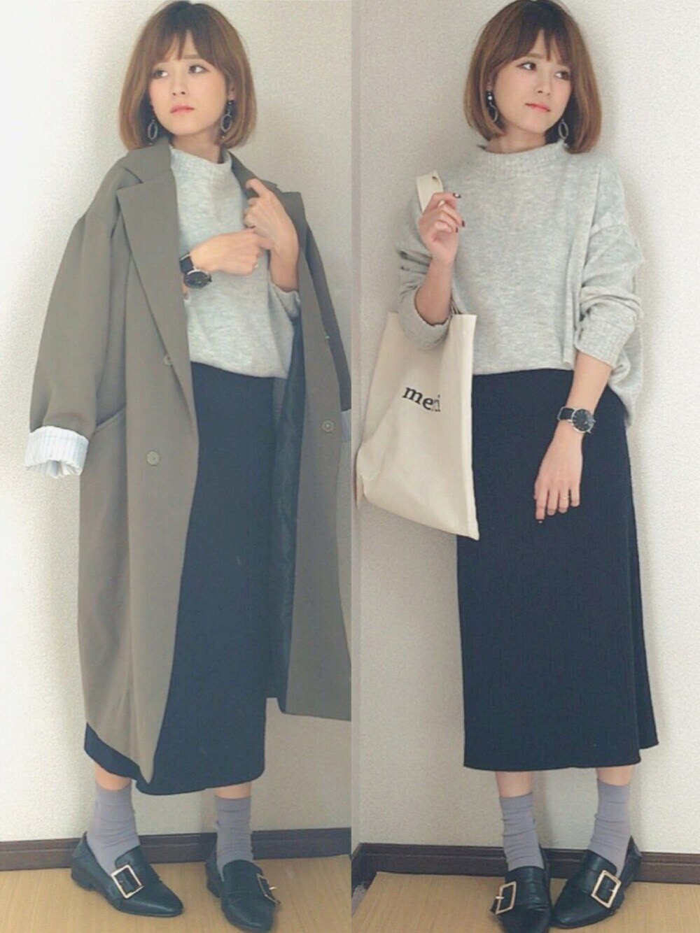 「冬コーデ、ootd、プチプラ、大人カジュアル、グレー、カーキ、チェスターコート」｜「DHOLICのアイテム（ジャケット/アウター、グリーン系）」を使った、yunさん（レディース・153cm）の秋コーディネートの1枚目の写真